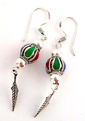 Bali silver - Tibatan sterling silver earring with multi colored revolving bead