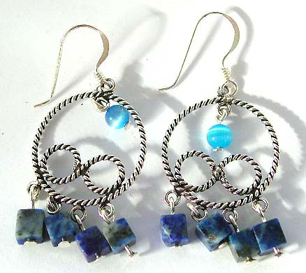 Southwest jewelry - Sterling silver earring of circle pattern with multi blue stone beads