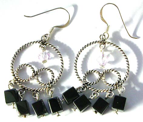 Beaded earring - circular pattern sterling silver earring with black beads