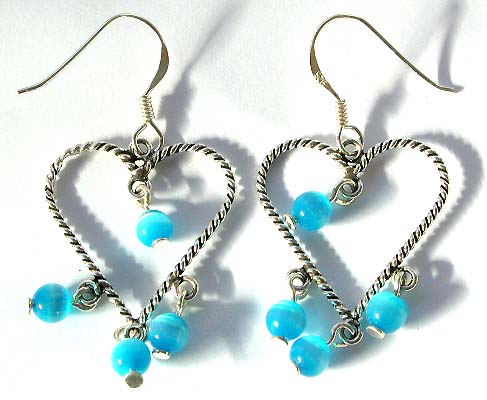Gift for love - heart shape sterling silver earring with blue beads