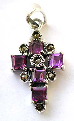 Silver Cross Pendant with Marcasite and Amethyst Stones