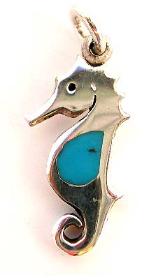 Seahorse charm - sterling silver and turquoise inlaid seahorse pendant