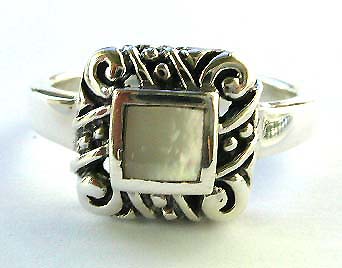 buy jewelry online - antique style sterling silver ring with mother of pearl and complicated cut out pattern