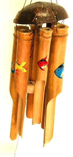 Door chime - light brown bamboo wind chime with assorted color fish and flat nut shell top.