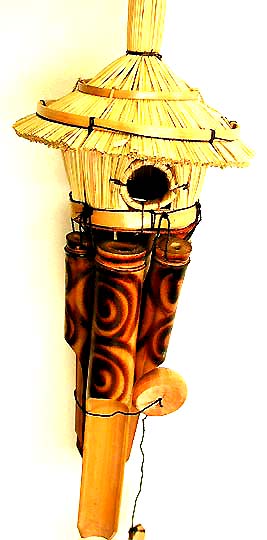 Doorbell chime - dark brown bamboo wind chime with fire burn pattern and bird house top.