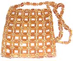 Brown wooden square shape design shoulder bag with beaded handle and zipper, height not including handle 