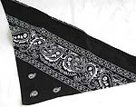 Cotton made of black color triangle head bandana head scarf with white paint decor, tie string at the end