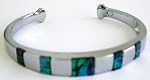 Fashion bracelet bangle with 5 retangular genuine abalone seashell seperately set along the center
