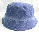 Flippable fashion cotton double sided bucket hat, one side of light blue jean fashion, and flipped over for pattern decor darker blue jean design