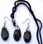 Olive pattern fashion hematite necklace and earring set with Bali silver beaded black cotton cord 