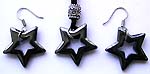 Star pattern fashion hematite necklace and earring set with Bali silver beaded black cotton cord, silver bead can slide up or down for adjustable fit 