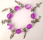 Assorted pattern motif bali silver and purple color beaded fashion charming bracelet, pattern including star, leaf, dolphin, cross and key