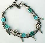 Flower motif double black chain fashion bracelet with clear blue glass bugle beads
