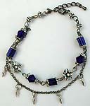 Flower motif double black chain fashion bracelet with dark blue glass bugle beads connected