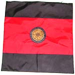 Flag style design polyester cushion cover with black edge and majestic symbol set in the middle reddish section