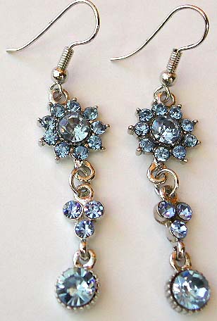 Blue rhinestone beaded sun flower, three-petals flower and circle pattern fashion earring with fish hook