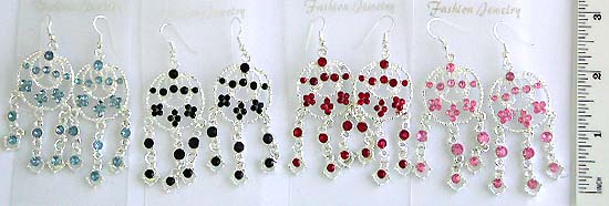 Fish hook double circle pattern fashion earring assorted color rhinestone embedded 