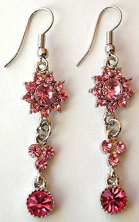 Pink color rhinestone beaded sun flower, three-petals flower and circle pattern fashion earring with fish hook
