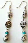 Bali silver rounded beads and shell pattern fashion fish hook earring with a rounded imitation turquoise stone embedded