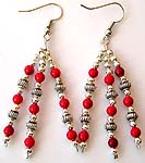 Bali silver rounded beads and red faux stone forming three strings pattern fashion fish hook earring 