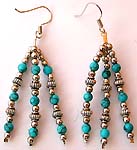 Bali silver rounded beads and imitation turquoise stone forming three strings pattern fashion fish hook earring 