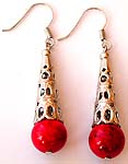 A rounded faux red stone beaded Bali musical pattern fashion fish hook earring 