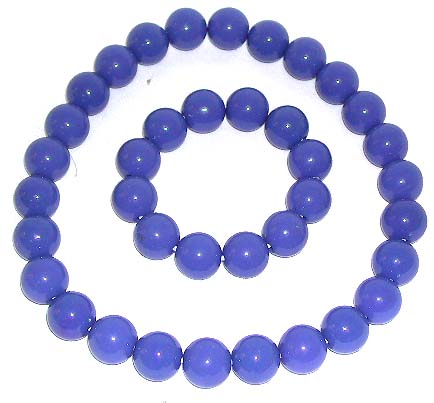 Multi rounded dark blue plastic beads forming stretchy fashion necklace and bracelet set