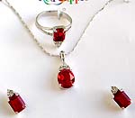 Red Cz synthetic stone embedded fashion necklace, earring and ring set