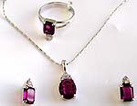 Purple color Cz synthetic stone embedded fashion necklace, earring and ring set