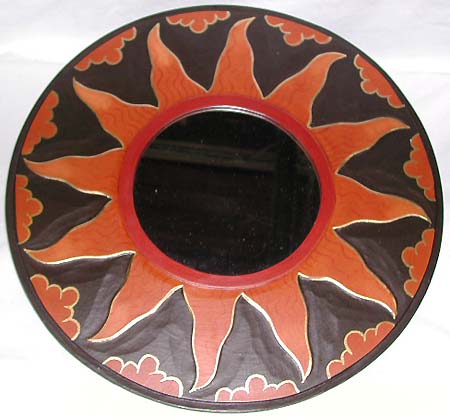 Home interior gift - tan color painted sun flower pattern design rounded mirror with black edge