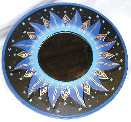 Gift home wholesale - blue sun flame star rounded black wooden mirror
