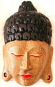Tan crack Indonesian buddha head mask with eye-closed and red painted on eye lid and lips
