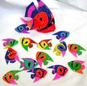 Multi color painted wooden fish mobile, one big on top with multi small ones attached on