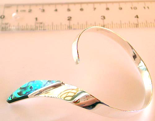 Handcrafted silver jewellery -Curved-down pattern design sterling silver bangle with genuine abalone seashell embedded