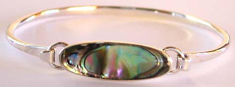 Long elliptical shape assorted seashell embedded sterling silver bangle