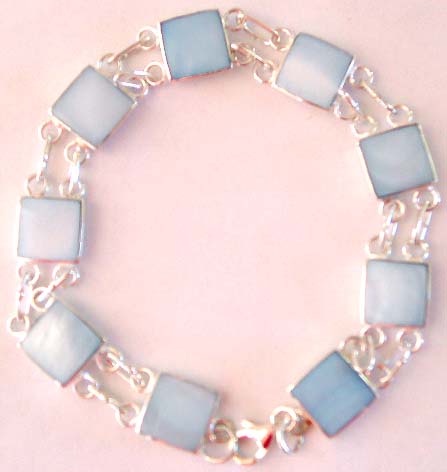 Multi square shape white mother of pearl seashell pattern forming sterling silver bracelet
