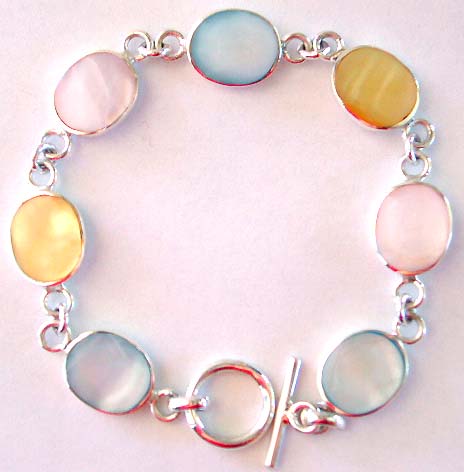 toggle bracelet wholesale - Multi rounded assorted color seashell pattern forming sterling silver bracelet, toggle clasp to close