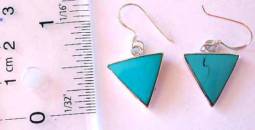 Triangular genuine reconstituted turquoise stone stone embedded fish hook sterling silver earring