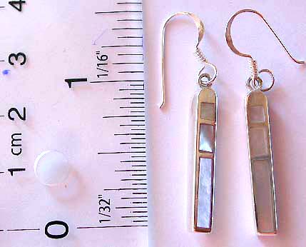 3 white seashell embedded long strip pattern design sterling silver earring, fish hook to fit