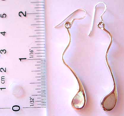 mother of pearl jewelry - Wavy pattern design sterling silver fish hook earring with a tear-drop shape white seashell embedded