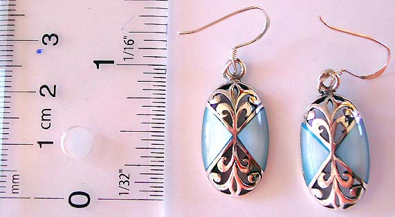 filigree antique jewelry with gemstone shell - 2 blue seashell embedded carved-out pattern design fish hook sterling silver earring 
