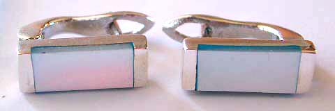 Clip-on pattern design sterling silver earring with retangular white / blue seashell embedded