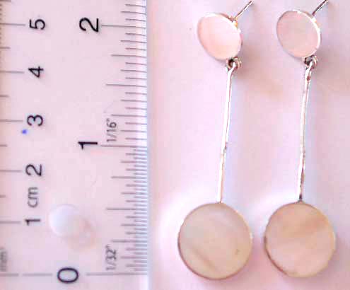 Sterling silver earring with 2 rounded white seashell embedded, one on top and one at bottom