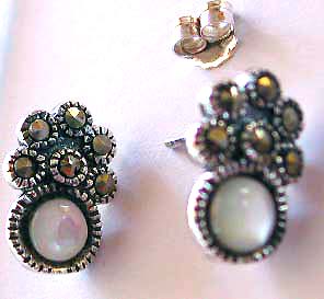 Multi mini marcasite stone forming flower pattern sterling silver earring holding a rounded white seashell embedded