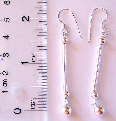 Beaded long strip design fish hook sterling silver earring with a rounded bead hanging on bottom
