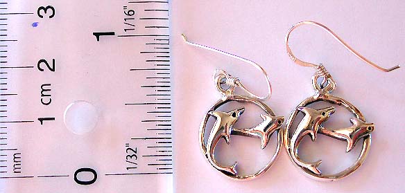 Swimming-up double dolphin in circle design fish hook sterling silver earring 