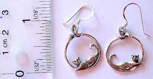 Cat in circle design fish hook sterling silver earring 
