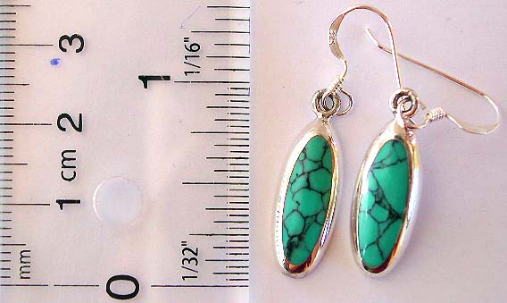 Fish hook sterling silver earring with elliptical shape green turquoise embedded