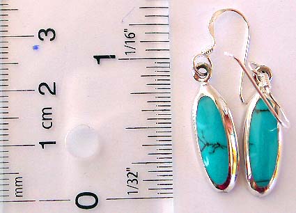 Fish hook sterling silver earring with elliptical shape blue turquoise embedded