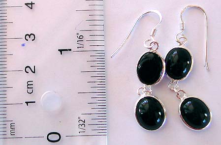 Fish hook sterling silver earring with 2 oval shape black onyx stone suspended in chain 